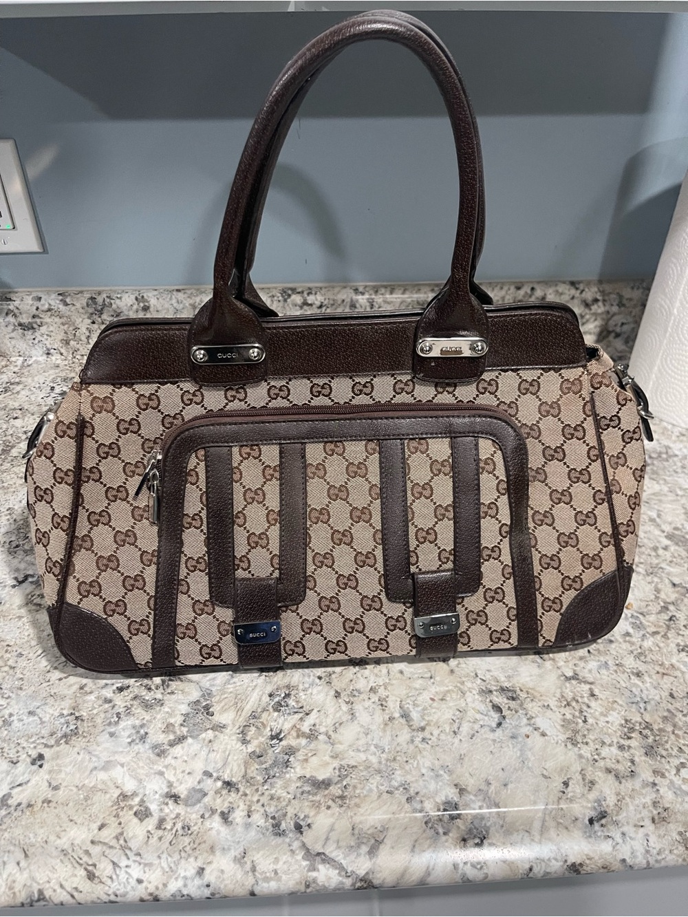 Gucci Beige Monogram GG Canvas Shoulder Bag with Dark Brown Trim